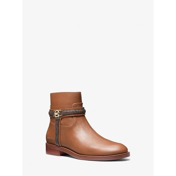 MICHAEL KORS “MINDY” FLAT LEATHER BOOT W SIGNATURE LOGO COGNAC SZ 6 MSRP$398 - Picture 1 of 10